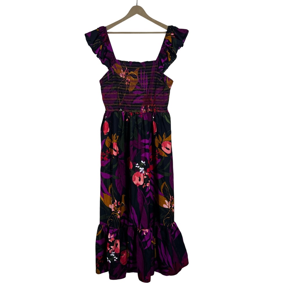 Live 4 Truth Smocked Floral Ruffle Midi Dress Black Purple Tropical Plus Size 3X